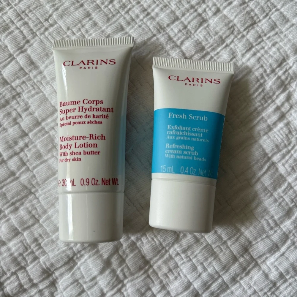 Clarins Moisture-Rich Body Lotion and Fresh Scrub Set - White and Blue travel Sz